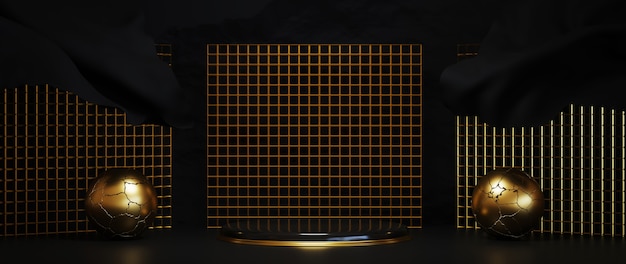 3D-weergave van gouden luxe podium op zwarte achtergrond