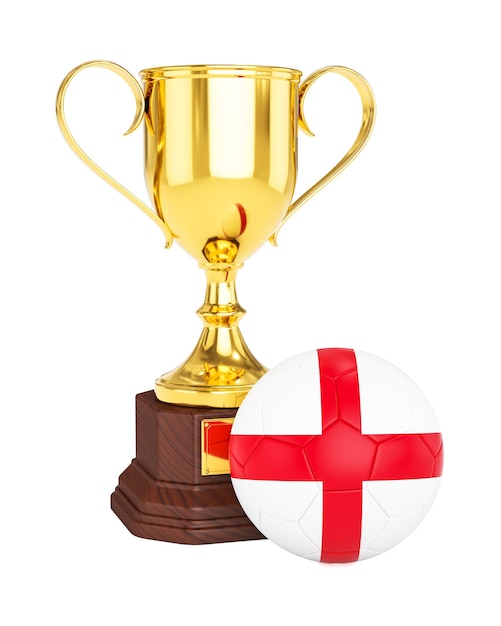 3D-weergave van gouden trofee cup en voetbal voetbal met Engelse vlag geïsoleerd op een witte achtergrond
