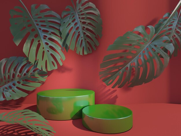 3D-weergave van groen podium op rode achtergrond voor product- en showcasepresentatie