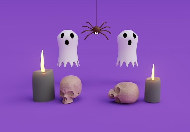 3D-weergave van Halloween-scène witte spookschedel en griezelige minimale Halloween-achtergrond
