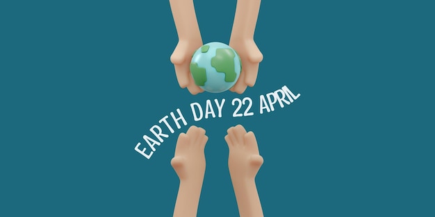 3D-weergave van hand met aarde pictogram concept van aarde dag achtergrond banner kaart poster met tekst inscriptie 3D Render illustratie cartoon stijl