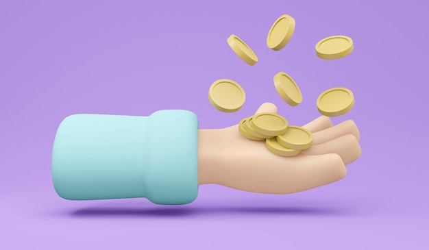 3D-weergave van hand met geld munten op achtergrond concept van geld management besparingen rijkdom 3D render illustratie