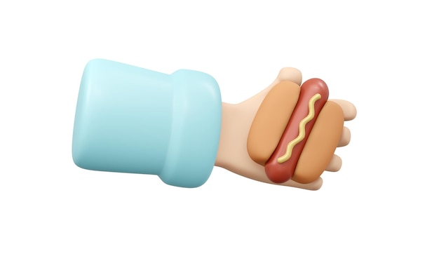 3D-weergave van hand met hotdog isoleren op witte achtergrond 3D Render illustratie cartoon stijl