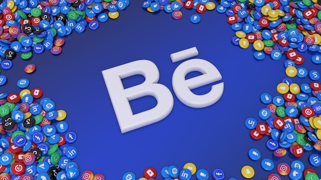 Foto 3d-weergave van het behance-logo omgeven door veel van de populairste glanzende pillen voor sociale netwerken
