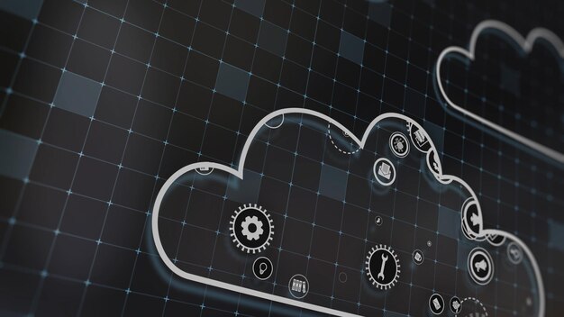 3D weergave van het concept van cloudtechnologieën en verwerking van servergegevens