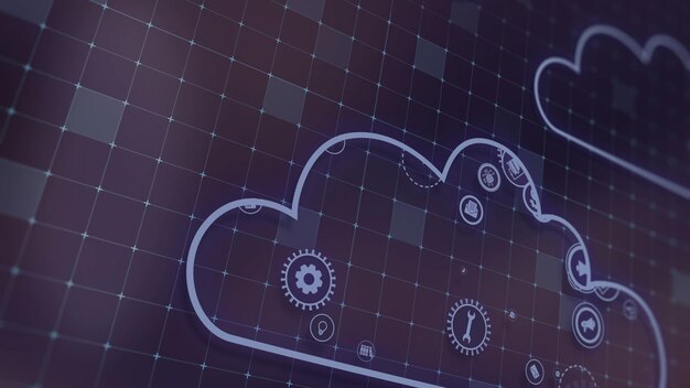 3D weergave van het concept van cloudtechnologieën en verwerking van servergegevens