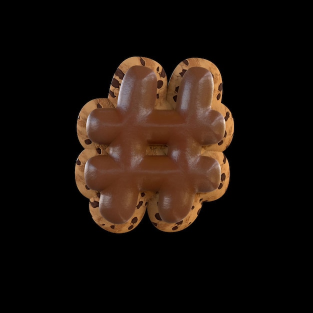 3D-weergave van het hashtag-teken dat een koekje nabootst met chocolade erop