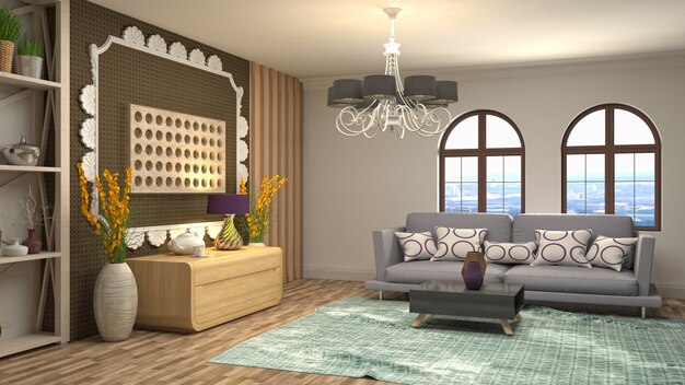 3D-weergave van het interieur van de woonkamer