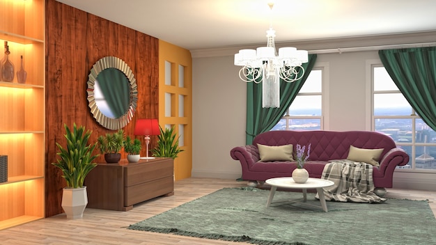 3D-weergave van het interieur van de woonkamer
