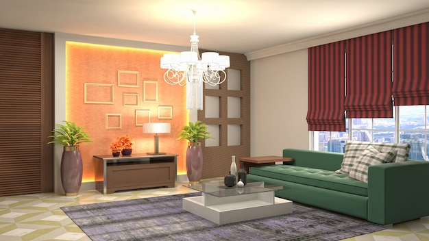 3D-weergave van het interieur van de woonkamer