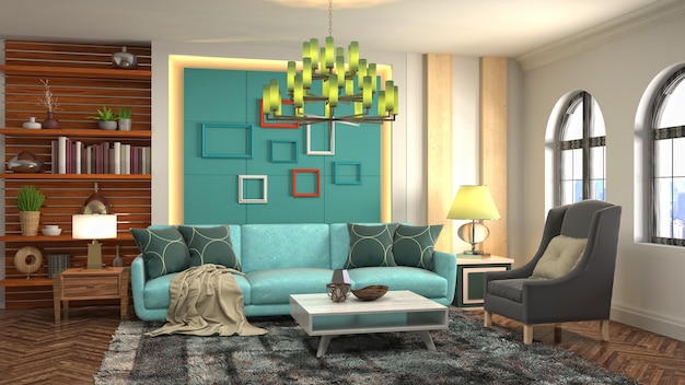3D-weergave van het interieur van de woonkamer