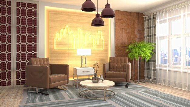 3D-weergave van het interieur van de woonkamer