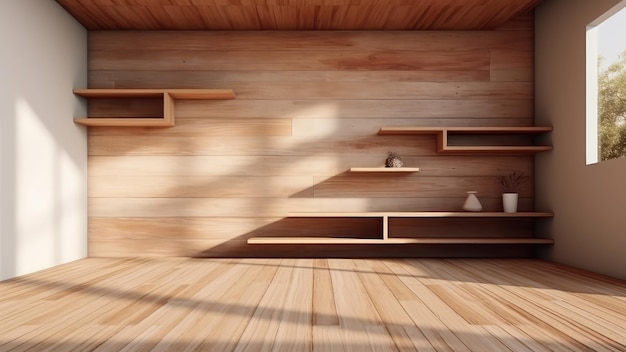 Foto 3d-weergave van het interieur van een houten eettafel en een ingebouwde houten plank