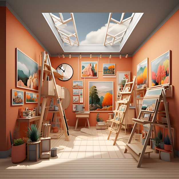 3D-weergave van het interieur van een kamer met een ladder en een schilderij