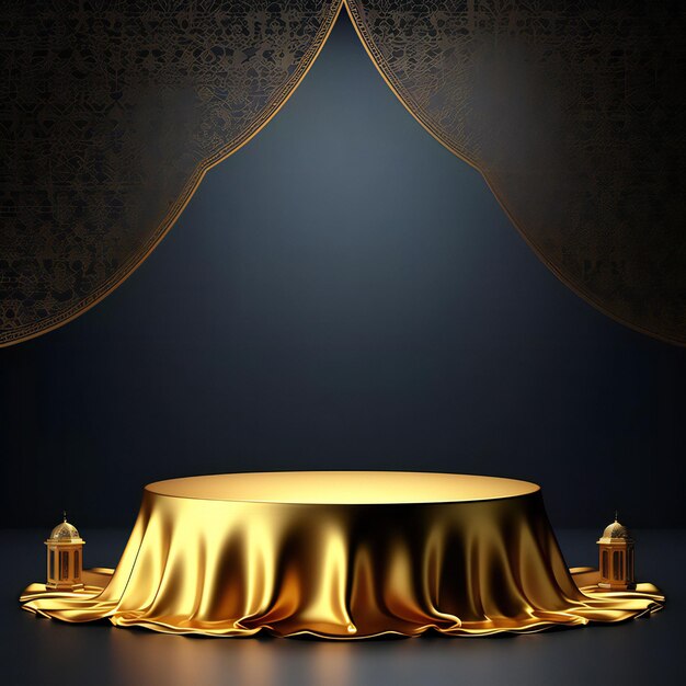3D-weergave van het podium met gouden luxe zijden doek met lantaarns Ramadan Kareem styleound