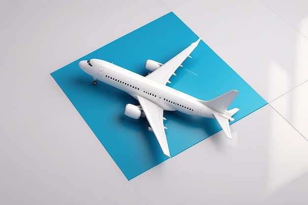 3D-weergave van het witte symbool van het vliegtuig van bovenaf leunend op de kleurmuur met vloer vervaagde reflectie met lege ruimte aan de rechterkant