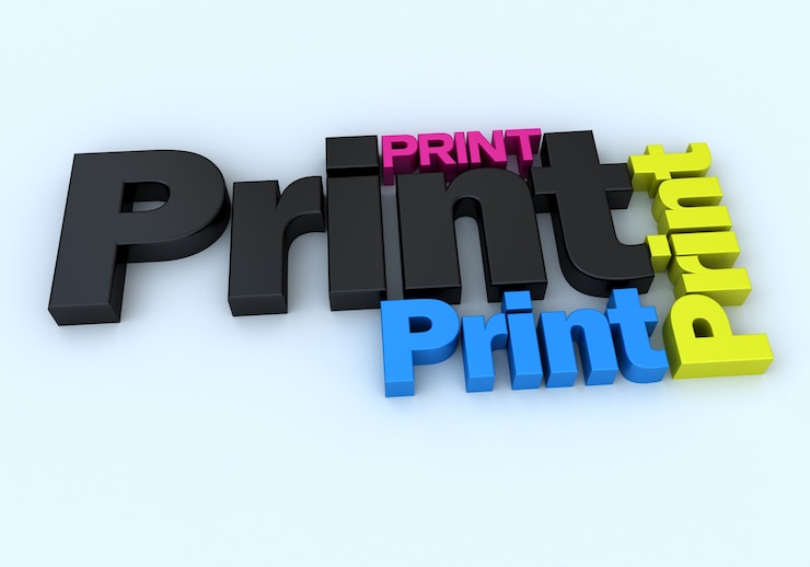 3D-weergave van het woord print in verschillende kleuren en maten