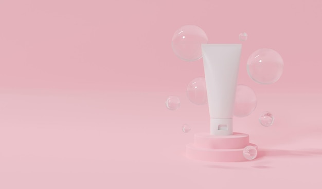 Foto 3d-weergave van huidverzorging schoonheid cosmetisch product op roze achtergrond witte buis crème gezicht