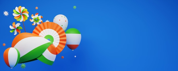 3d-weergave van indiase driekleurige tulband met papieren badge of bloem, ballonnen nationale vlaggen, pinwheels en kopie ruimte op blauwe achtergrond.