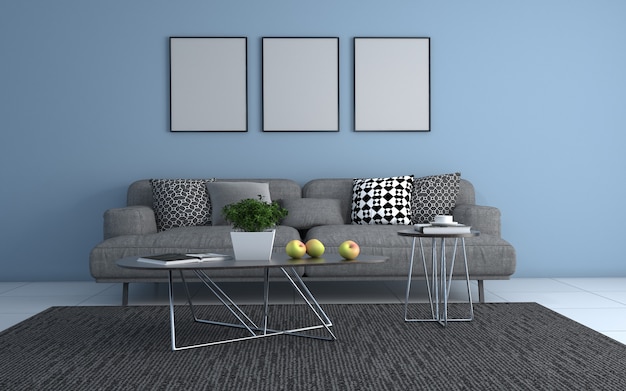 3D-weergave van interieur van moderne woonkamer met Sofa - bank en tafel