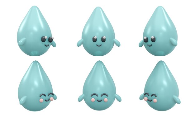3D-weergave van karakter van smiley waterdruppel isoleren op witte achtergrond concept van wereld water dag 3D Render illustratie cartoon stijl