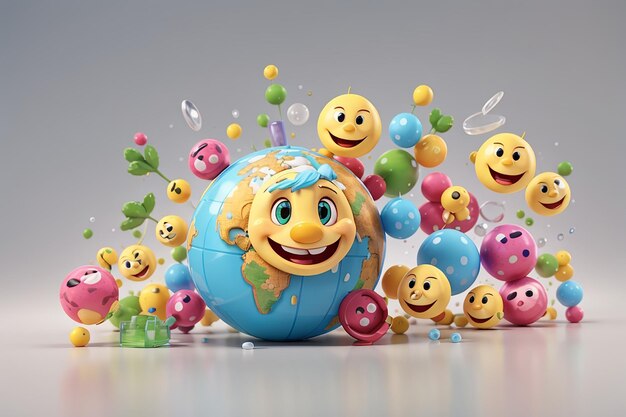 3D-weergave van karakter van smiley wereld pictogram isoleren op witte achtergrond concept van wereld aarde dag 3d render illustratie cartoon stijl