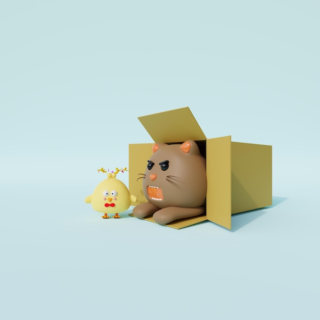 3D-weergave van kat en kuiken karakter