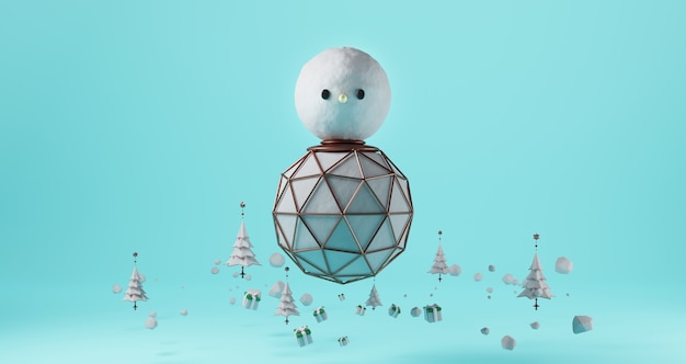 3D-weergave van Kerstmis. Reuzesneeuwman die op blauwe achtergrond drijft. Omringd door kerstbomen en geschenkdozen, Abstract minimaal concept, minimalistische luxe