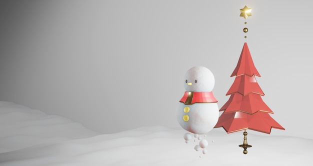 3D-weergave van Kerstmis. Sneeuwman en rode Kerstboom die op sneeuwachtergrond drijven, Abstract minimaal concept, minimalistische luxe