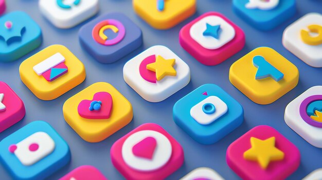 3D-weergave van kleurrijke icons van sociale media-apps op een blauwe achtergrond De icons zijn in verschillende kleuren en vormen