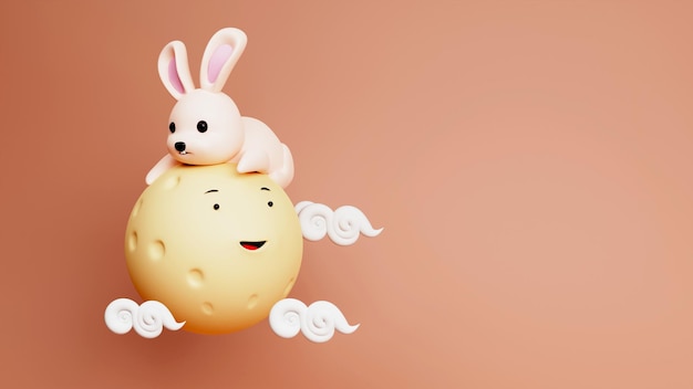 3D-weergave van konijn of konijn Happy Moon en Clouds voor Mid Autumn Festival