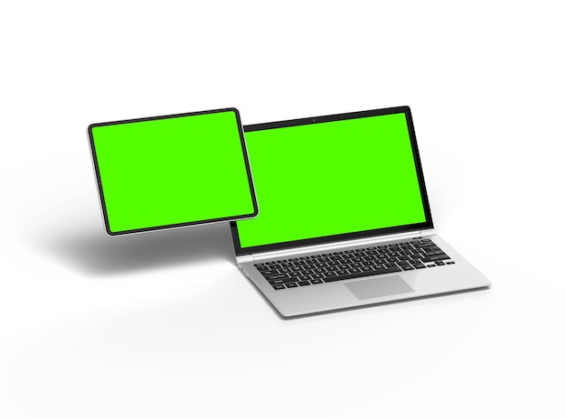 3D-weergave van laptop en tablet met groen scherm op een lichte achtergrond