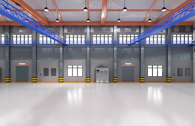 3D-weergave van leeg fabrieksinterieur of magazijn