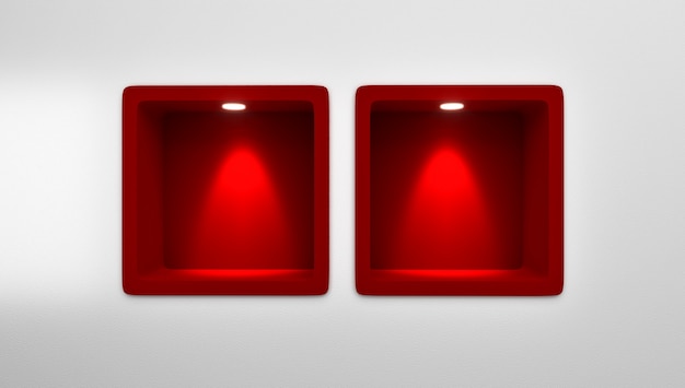 3D-weergave van lege 4 afgeronde rode niche plank Display in de muur