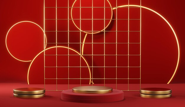 3D-weergave van lege productachtergrond voor crèmecosmetica Moderne rode podiumachtergrond