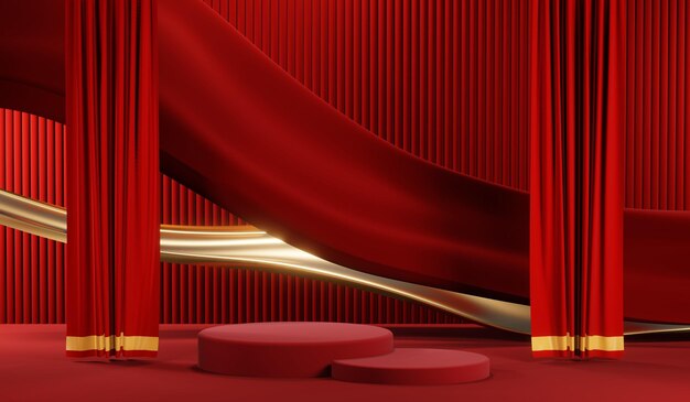 3D-weergave van lege productachtergrond voor crèmecosmetica Moderne rode podiumachtergrond