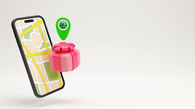 3D-weergave van locatiespeld over een geschenkdoos en smartphone met kaart Online bedrijfssymbool