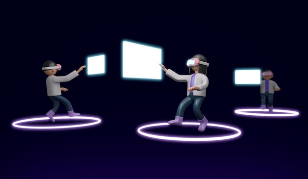 3D-weergave van meisje jongen met visuele realiteit bril delen informatie platform concept van VR Metaverse technologie 3D Render illustratie cartoon stijl