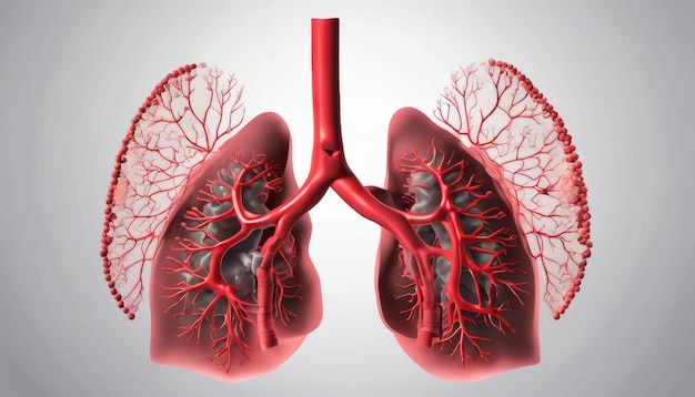 3D-weergave van menselijke longen met bronchiën en alveoli