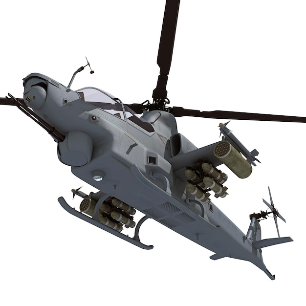 3D-weergave van militaire helikopter op witte achtergrond