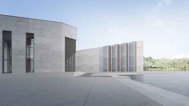 3D-weergave van modern gebouw met heldere hemel.
