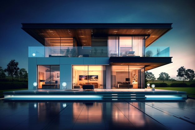 3D-weergave van modern gezellig huis met zwembad en parkeerplaats te koop of te huur in luxe stijl