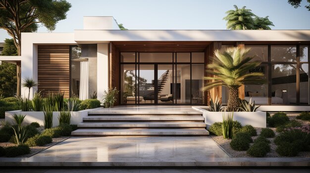 3D-weergave van modern, gezellig huis met zwembad en zwembad voor zwembad of huur met huurhuurgevel in landschapsarchitectuur of landschapsarchitectuur