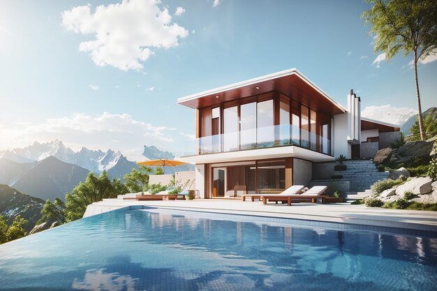 3D-weergave van modern huis met zwembad op bergachtergrond