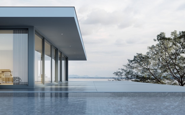 3D-weergave van modern huis met zwembad op zee achtergrond.