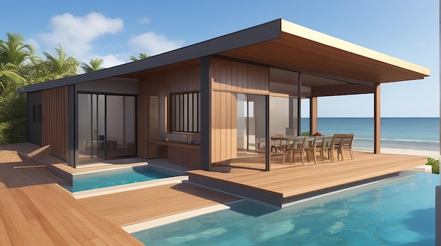 3D-weergave van modern luxe strandhuis met houten terras en zwembad op zee achtergrond