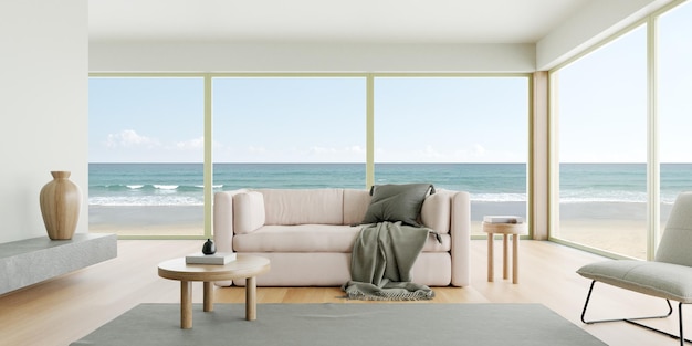 3D-weergave van moderne woonkamer met bank op houten vloer Uitzicht op zee background
