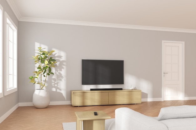 3D-weergave van moderne woonkamer met tv-scherm en bank op grijze muur achtergrond.