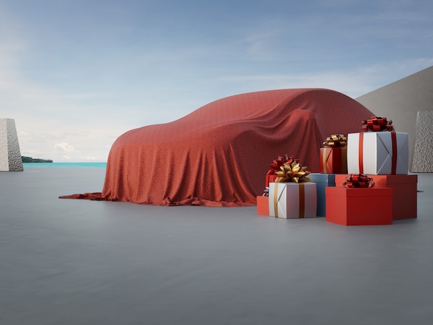 3D-weergave van nieuwe auto bedekt met rode doek