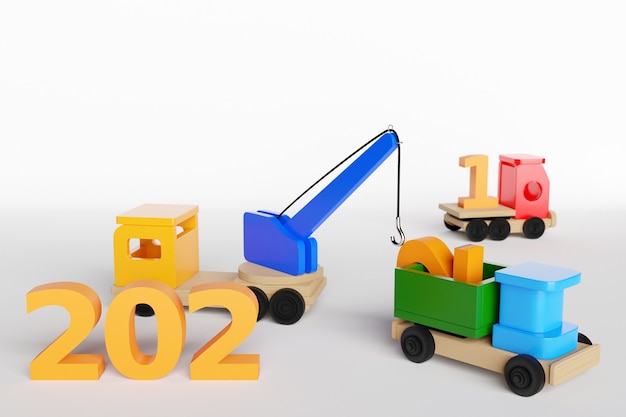 3D-weergave van nieuwjaarsdatum 2022 op een speelgoedvrachtwagen voor kinderen Afbeelding van een kalender